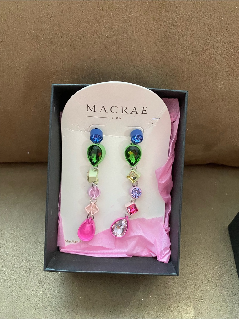 MacRae Multicolor Drop Crystal Earrings - Pink & Green